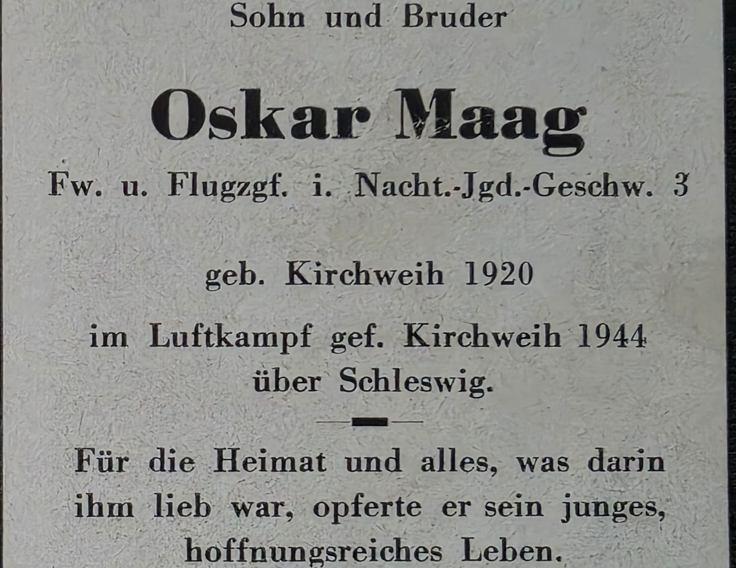 Sterbebild Feldwebel Innsbruck Pilot 1./NJG-3 Bennebeck Schleswig Deutschland
