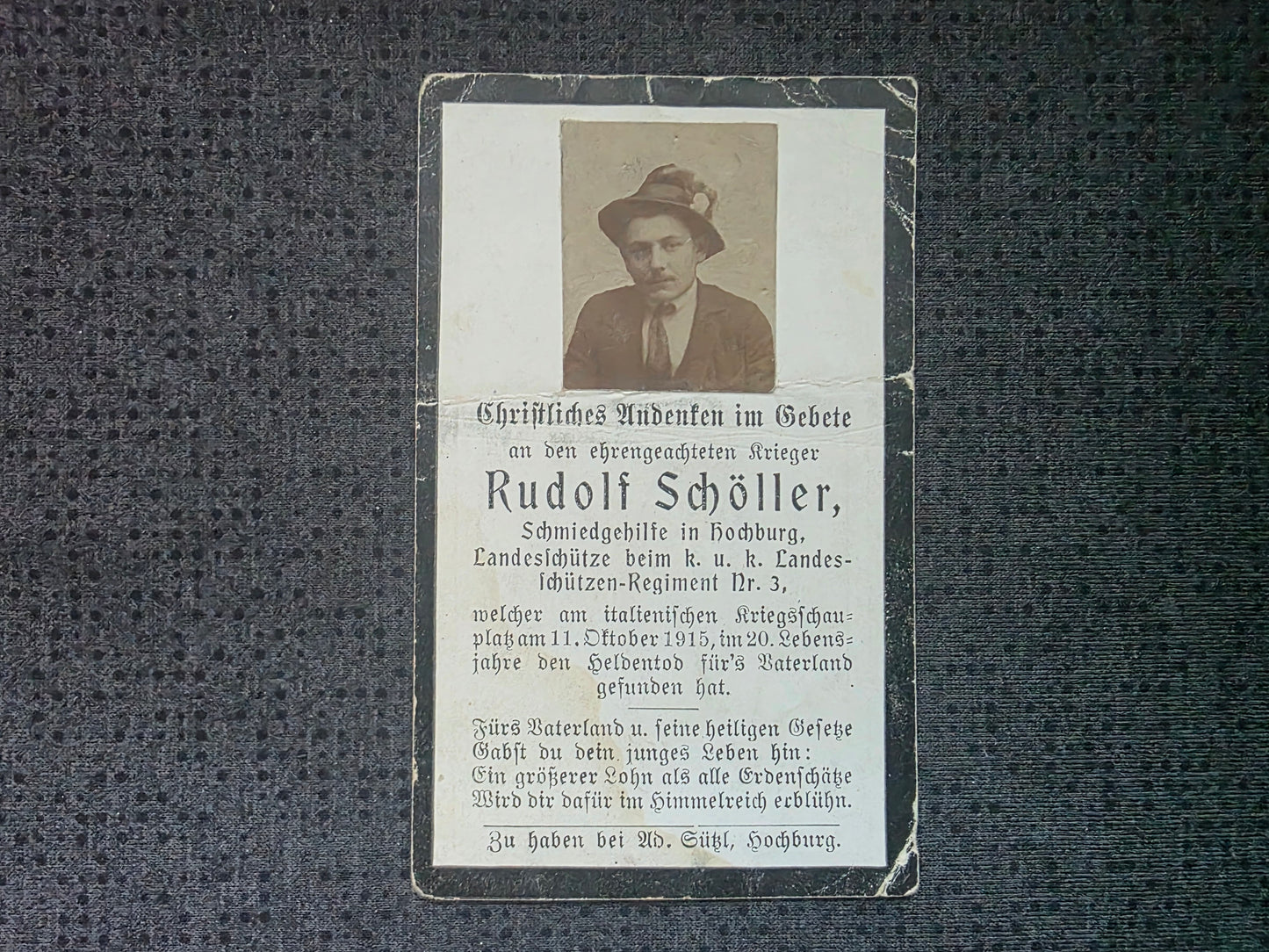 Sterbebild Landesschütze Hochburg k.u.k. Landesschützen Regt. 3 Italien