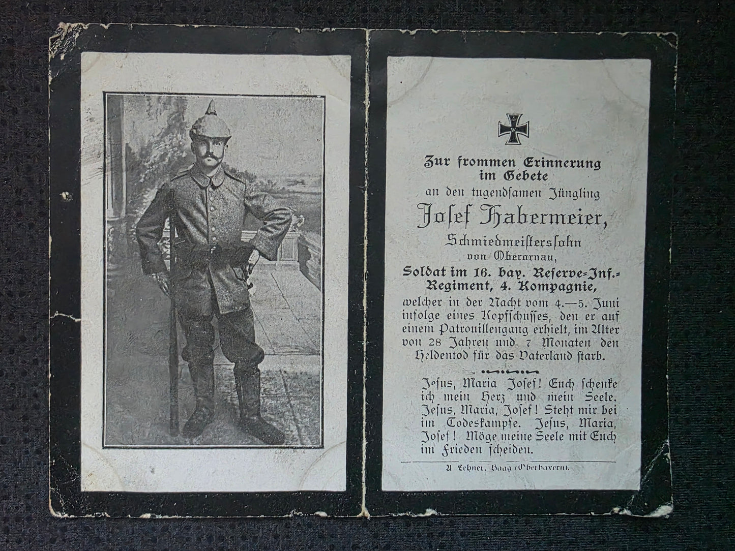 Sterbebild Infanterist Oberornau 4. Komp. Inf. Regt. 4 Patrouillengang Kopfschuss