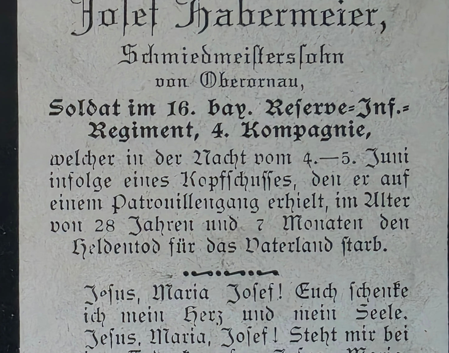 Sterbebild Infanterist Oberornau 4. Komp. Inf. Regt. 4 Patrouillengang Kopfschuss