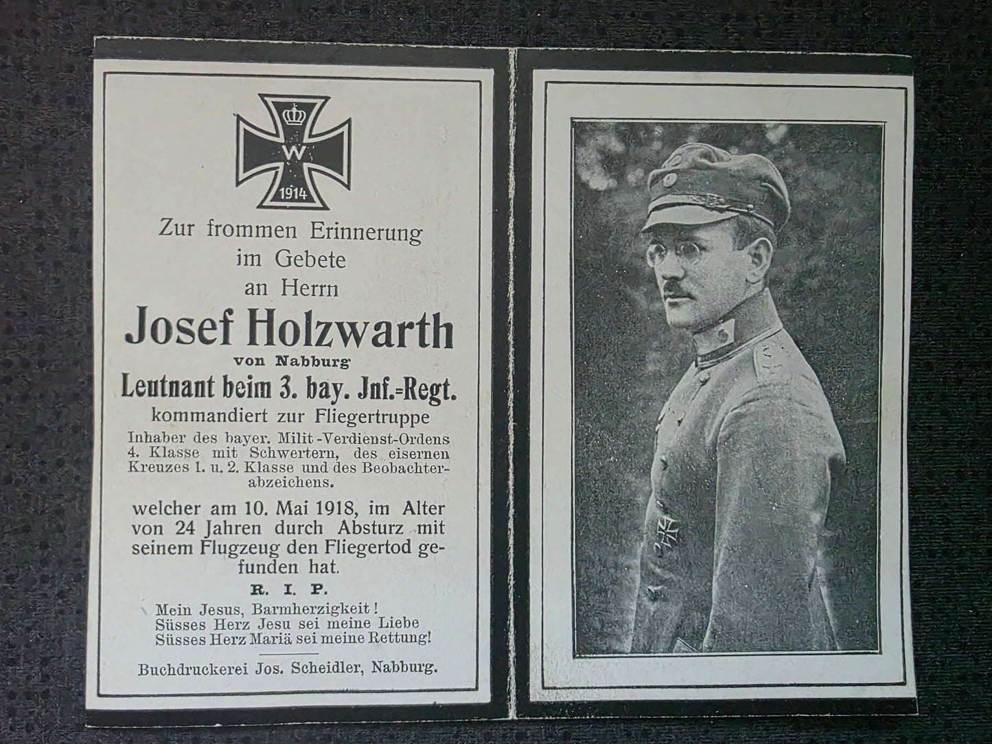 Sterbebild Leutnant & Pilot Nahburg Bay. Flieger-Abteilung (A) 287 EK I&II Le Thour Asfeld Frankreich