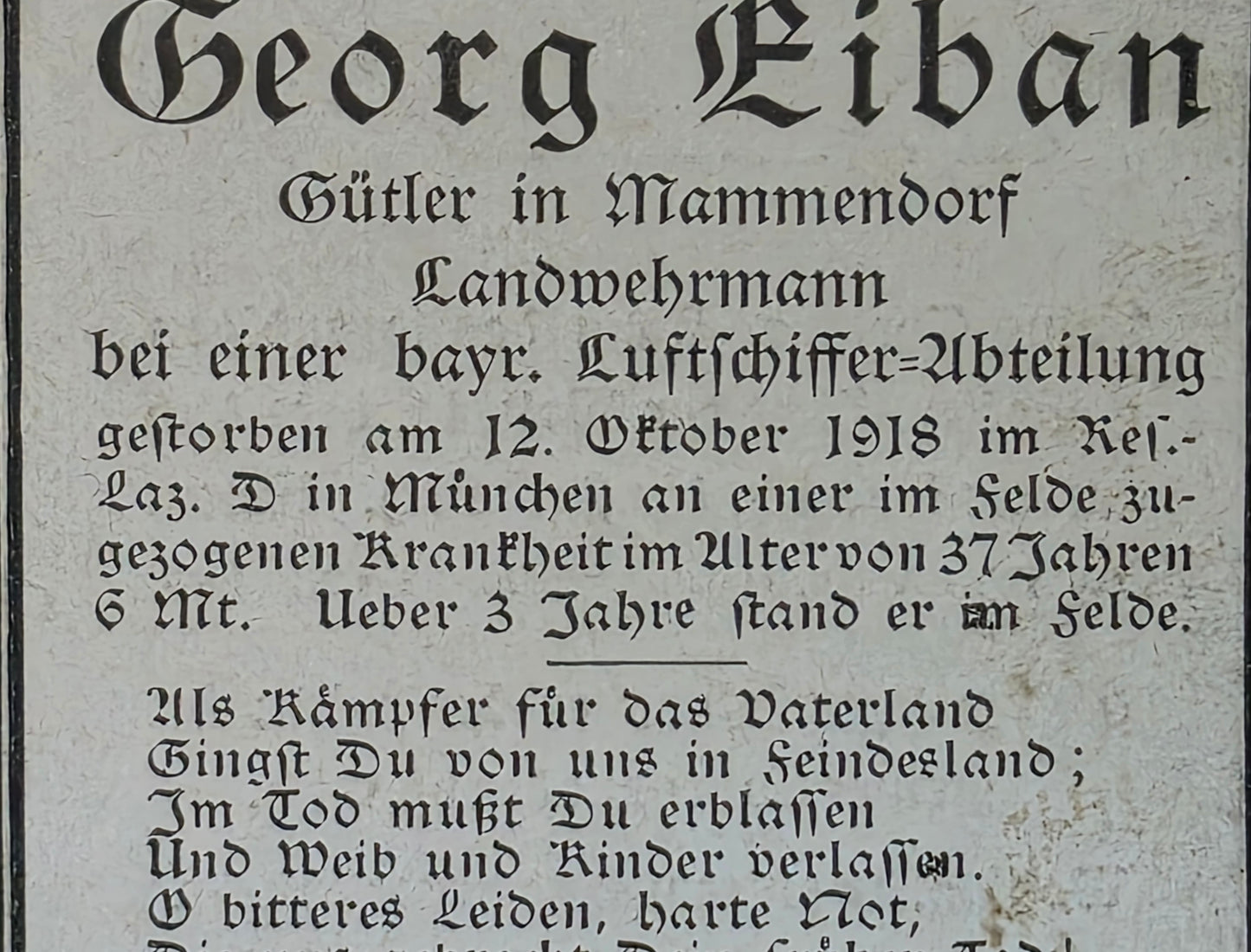Sterbebild Landwehrmann & Flieger Mammendorf Bay. Luftschiff-Abt. Ballon Zug 202 München