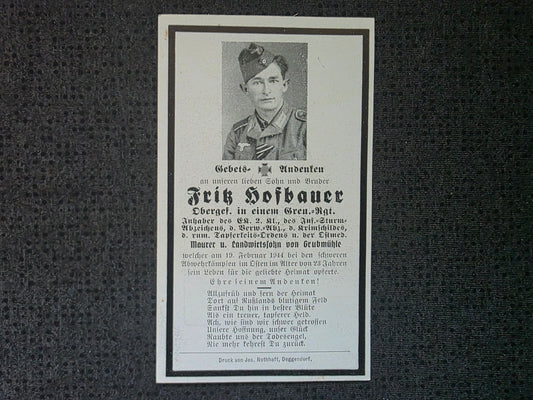 Sterbebild Obergefreiter Grubmühle Gren. Regt. Krimschild Rumänischer Orden Osten