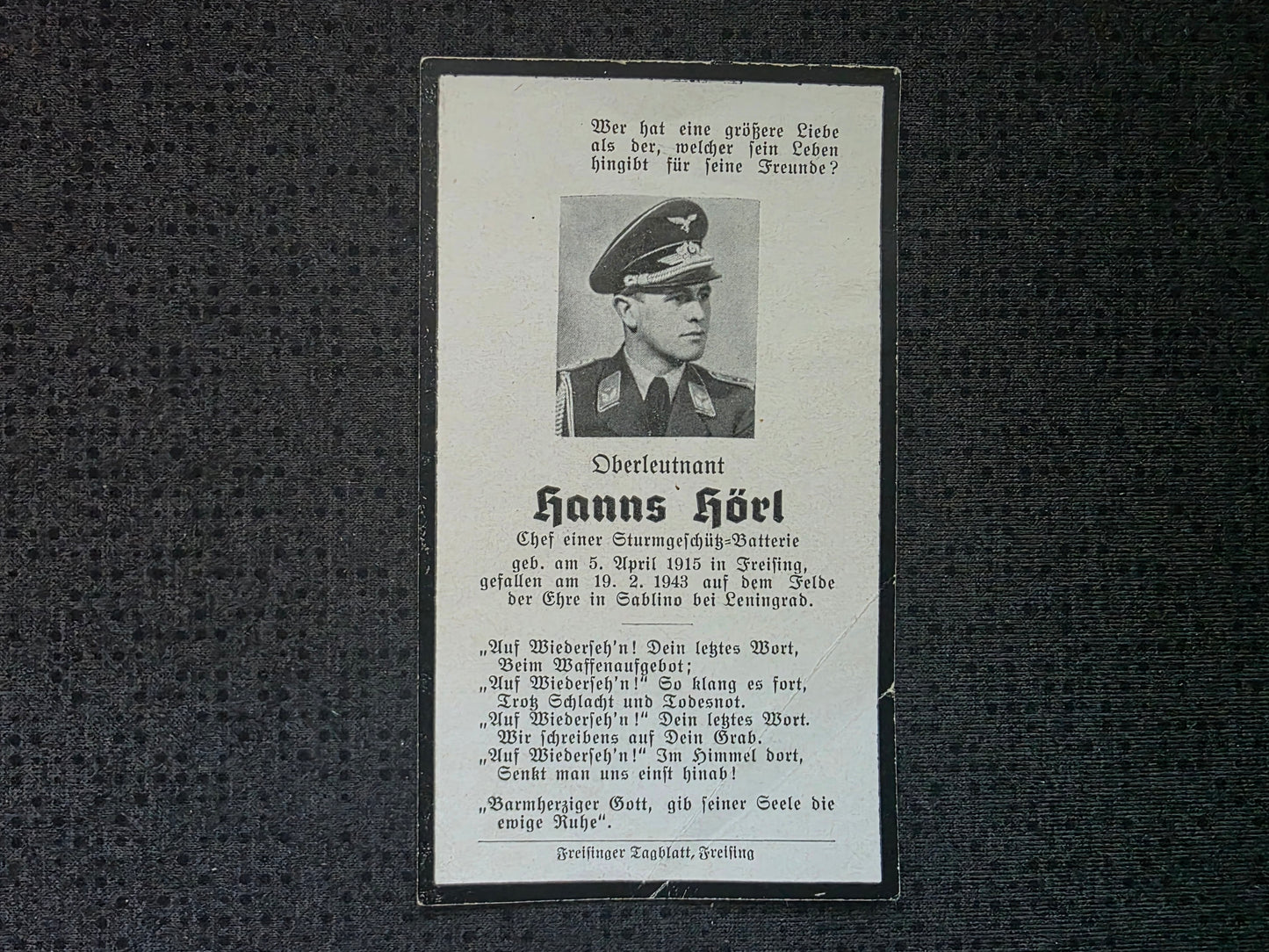Sterbebild Oberleutnant Freising Sturmgeschütz-Batterie 19. Batterie Art. Regt. 10 (Mot) Leningrad Russland