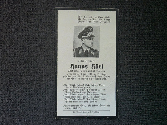 Sterbebild Oberleutnant Freising Sturmgeschütz-Batterie 19. Batterie Art. Regt. 10 (Mot) Leningrad Russland