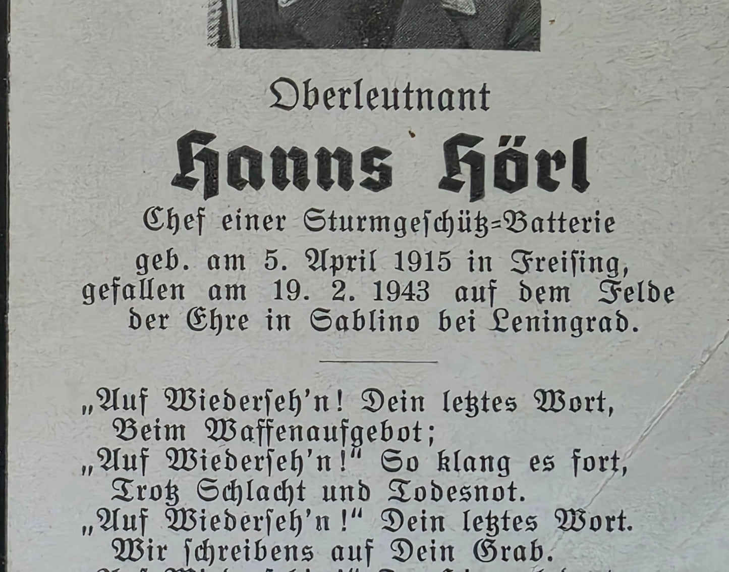 Sterbebild Oberleutnant Freising Sturmgeschütz-Batterie 19. Batterie Art. Regt. 10 (Mot) Leningrad Russland