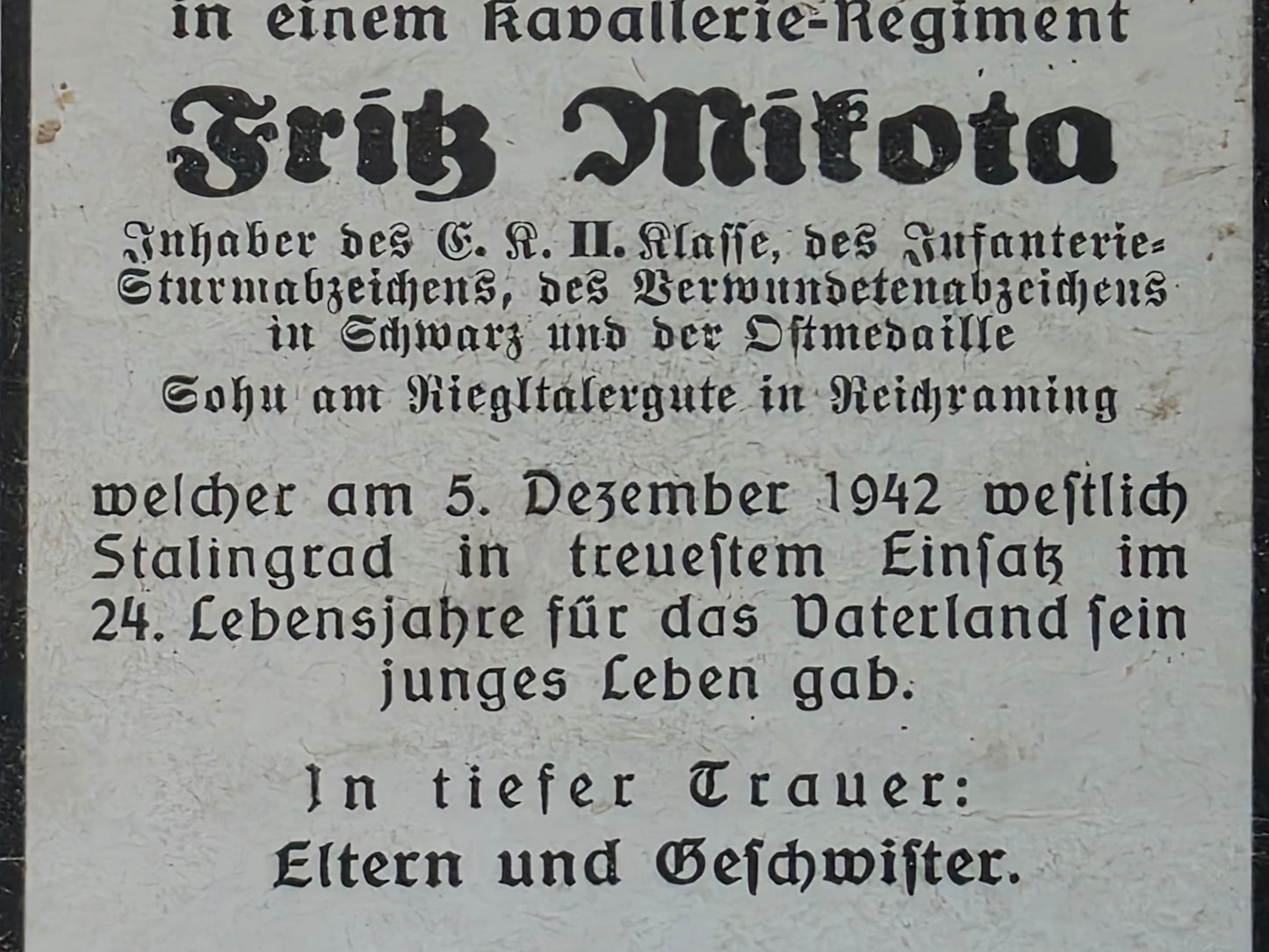 Sterbebild Obergefreiter Reichraming Kavallerie Regt. Stalingrad Russland