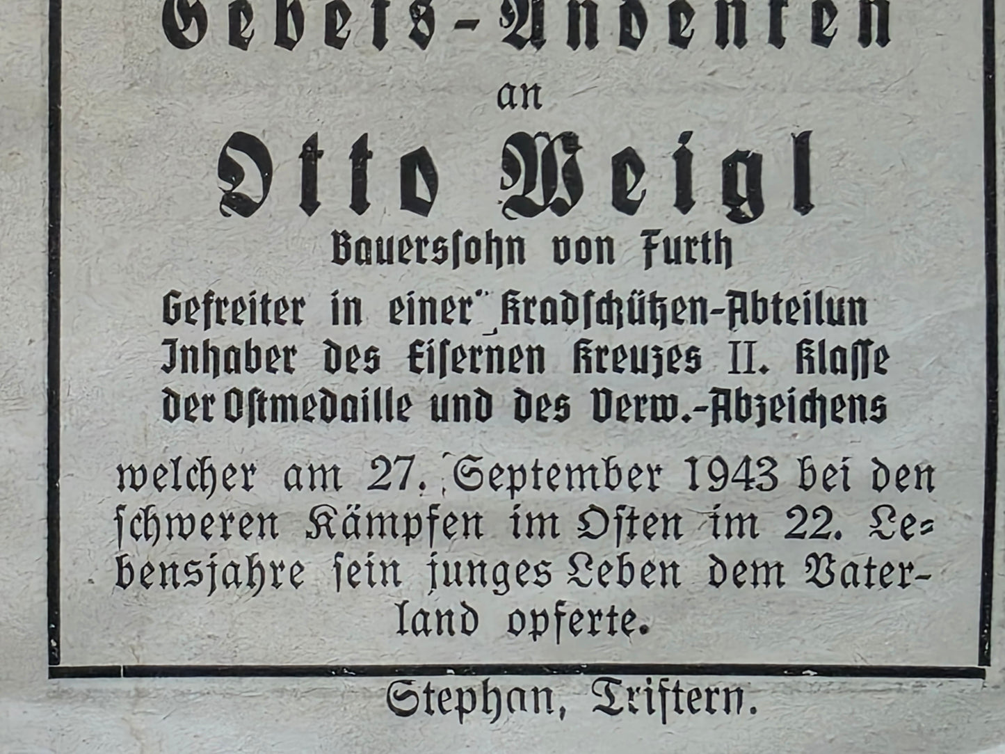 Sterbebild Gefreiter Fürth 4. Panzer Aufklärungs-Abt. 17 Kropywnyzkyj Ukraine