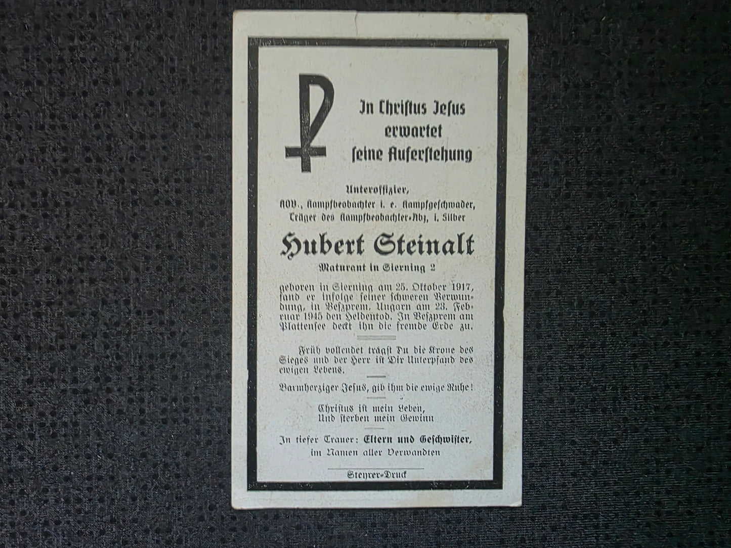 Sterbebild Unteroffizier Sierning Beobachter Kampfgeschwader Veszprem Plattenseee Ungarn