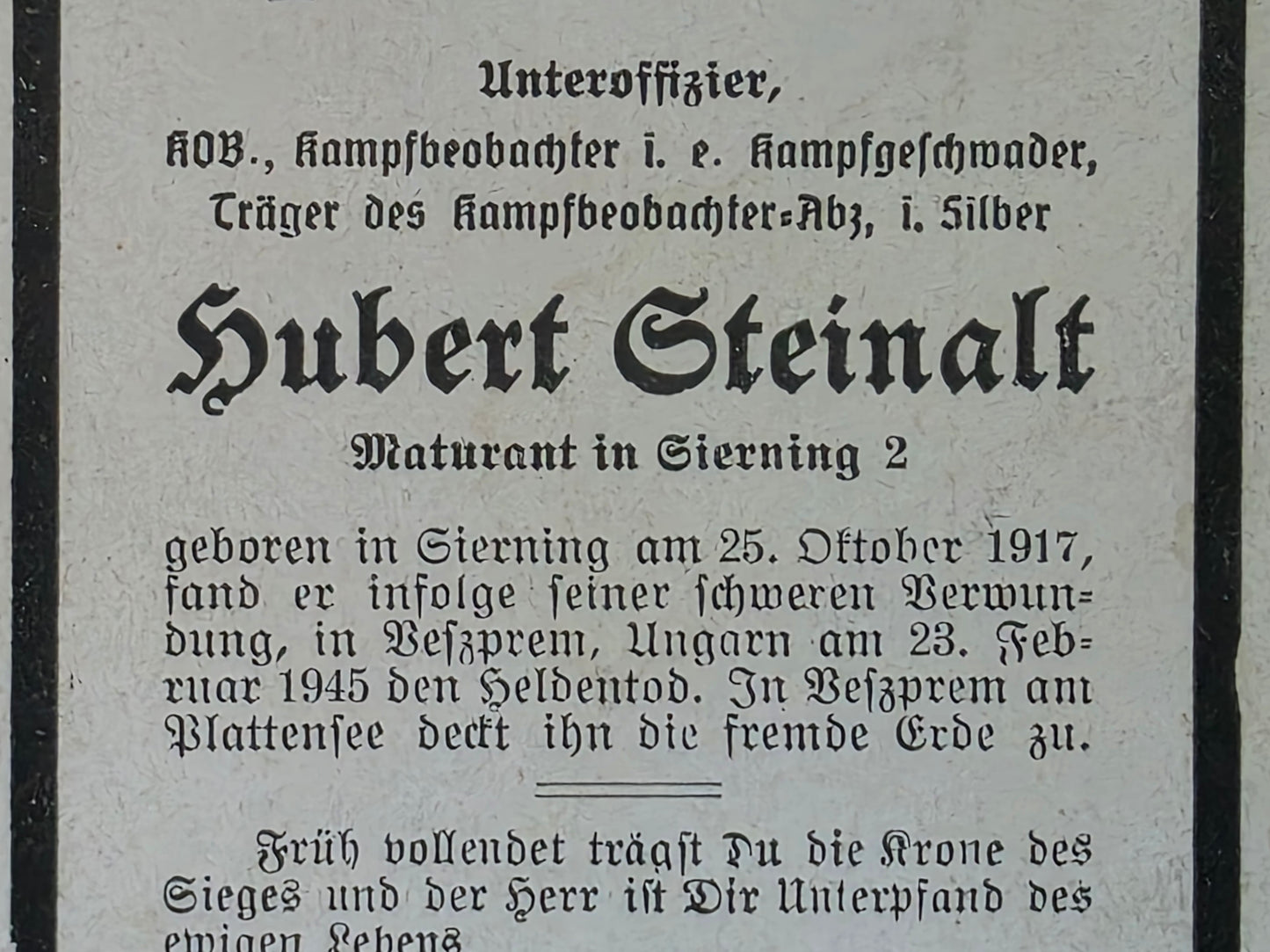 Sterbebild Unteroffizier Sierning Beobachter Kampfgeschwader Veszprem Plattenseee Ungarn