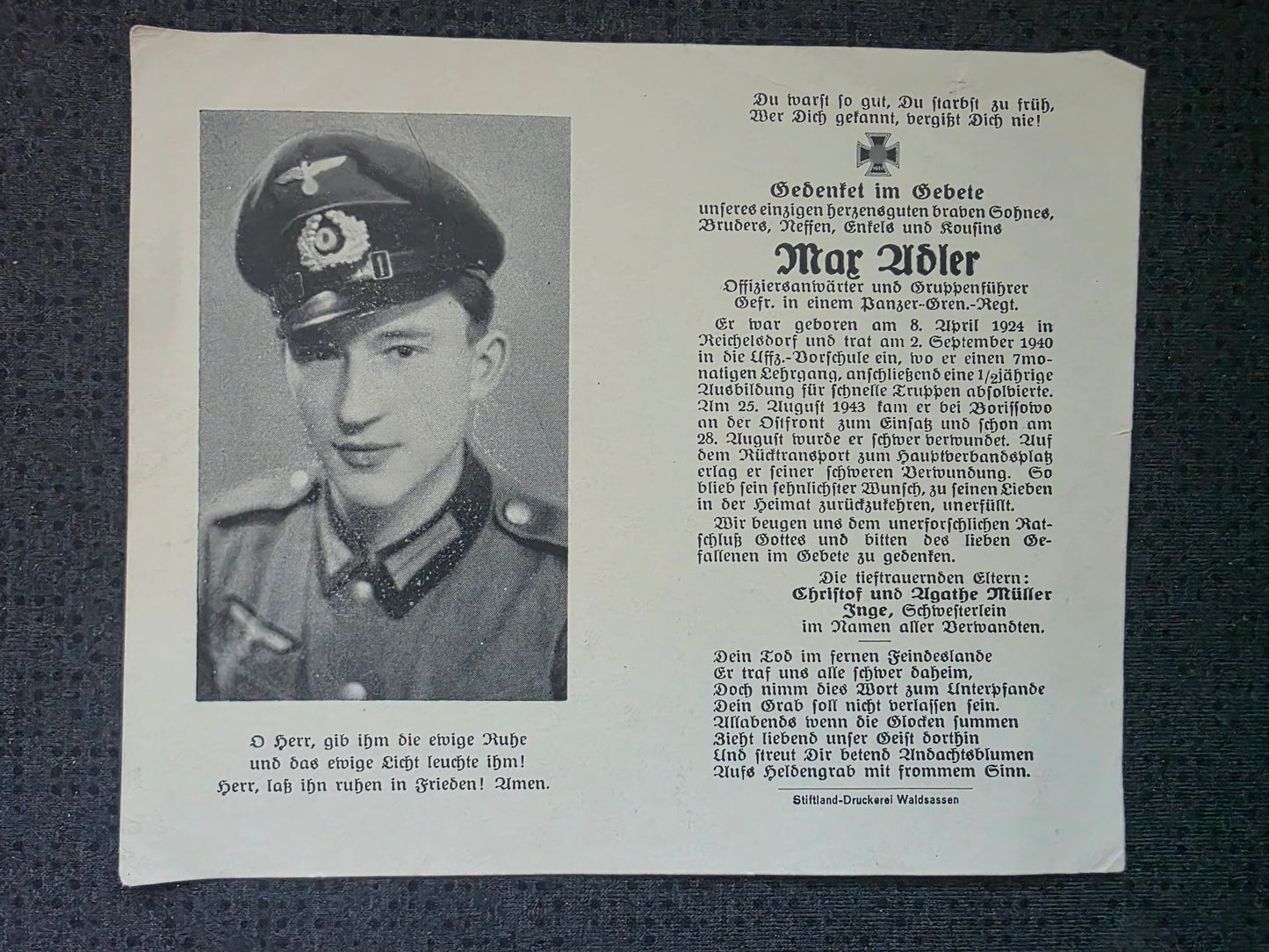 Sterbebild Gefreiter Reichersdorf 5. Komp. Panzer-Gren. Regt. 33 Borissowo Russland