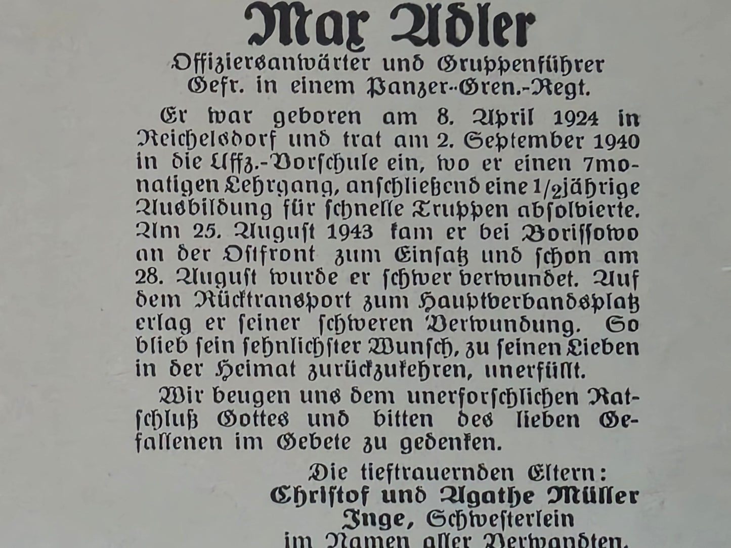 Sterbebild Gefreiter Reichersdorf 5. Komp. Panzer-Gren. Regt. 33 Borissowo Russland