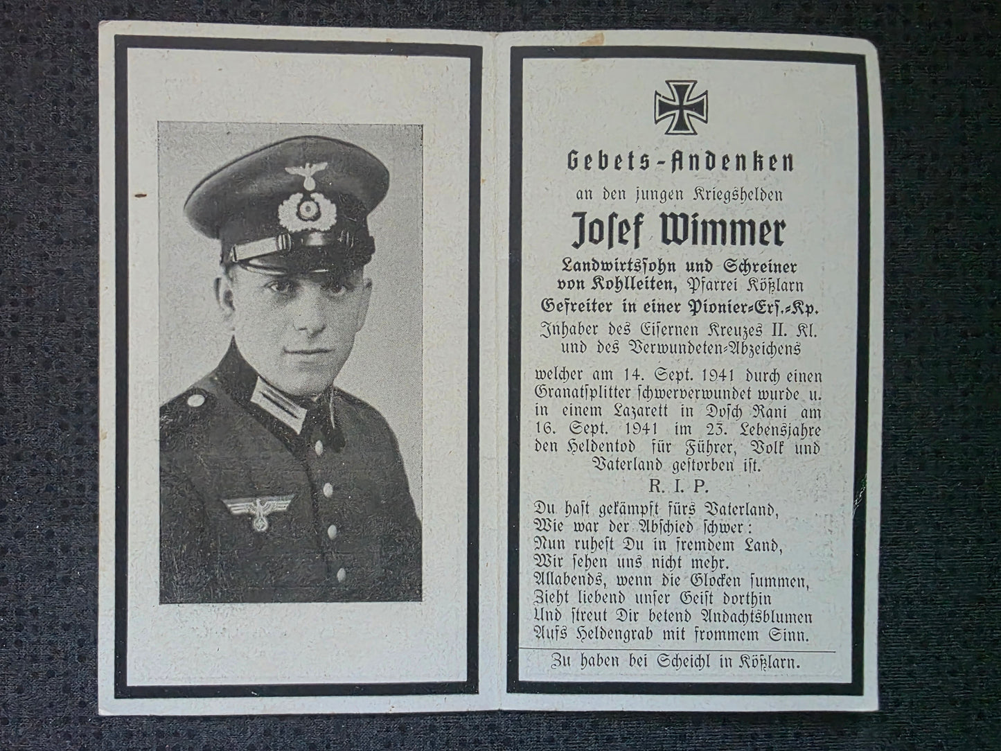 Sterbebild Gefreiter Kößlarn Pionier-Ersatz Abt. Granatsplitter Russland