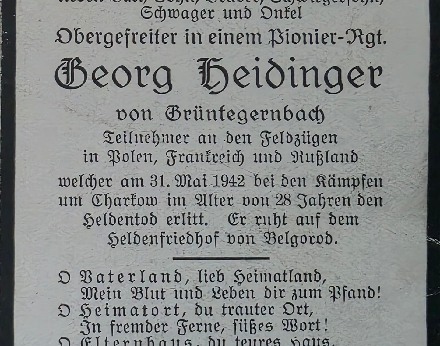 Sterbebild Obergefreiter Dorfen 3. Mot. Pionier Btl. 157 Charkow Ukraine