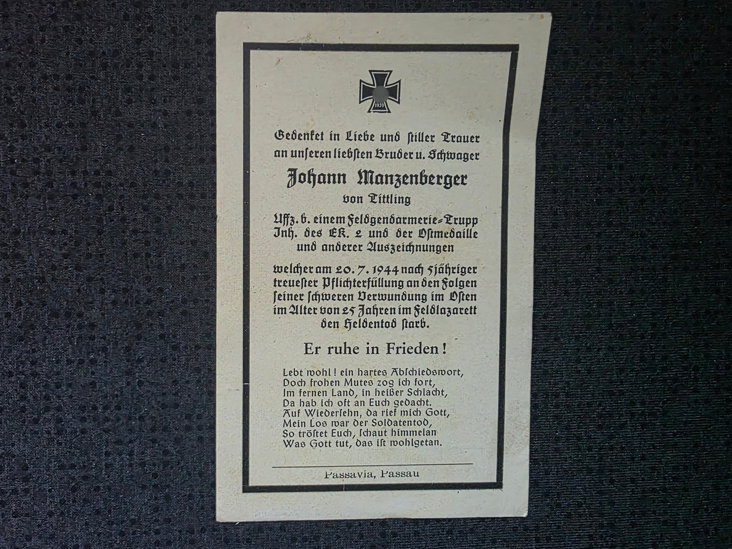 Sterbebild Unteroffizier Tittling Feldgendarmerie-Trupp Orla Bielsk Polen