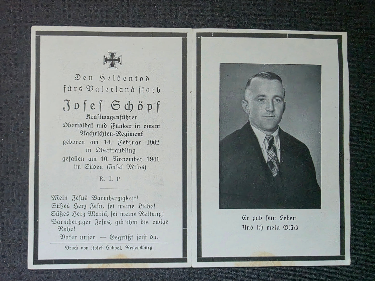 Sterbebild Obersoldat Obertraubling Nachrichten Komp. 713 Frachter Ithaka Torpedotreffer Kreta Insel Milos Griechenland