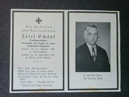 Sterbebild Obersoldat Obertraubling Nachrichten Komp. 713 Frachter Ithaka Torpedotreffer Kreta Insel Milos Griechenland