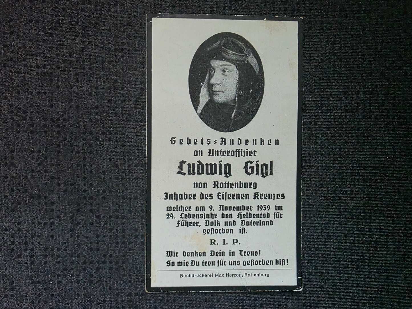 Sterbebild Unteroffizier Rottenburg KG-76 Wien Österreich 1939