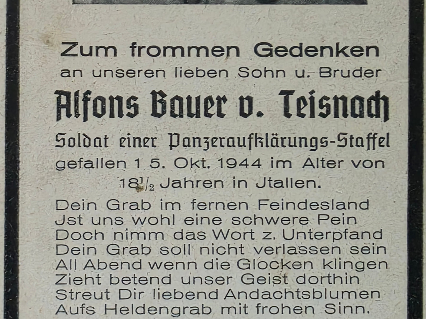 Sterbebild Schütze Teisnach Panzeraufklärungsstaffel Futa-Pass Italien