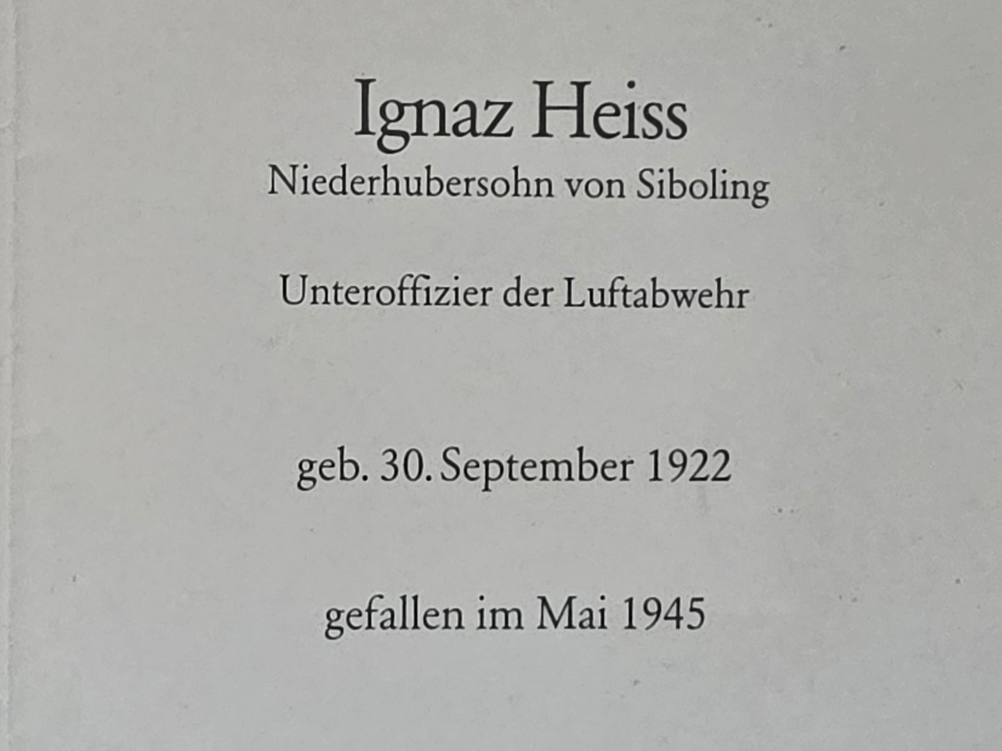 Sterbebild Unteroffizier Siboling Luftabwehr Endkampf Mai 1945