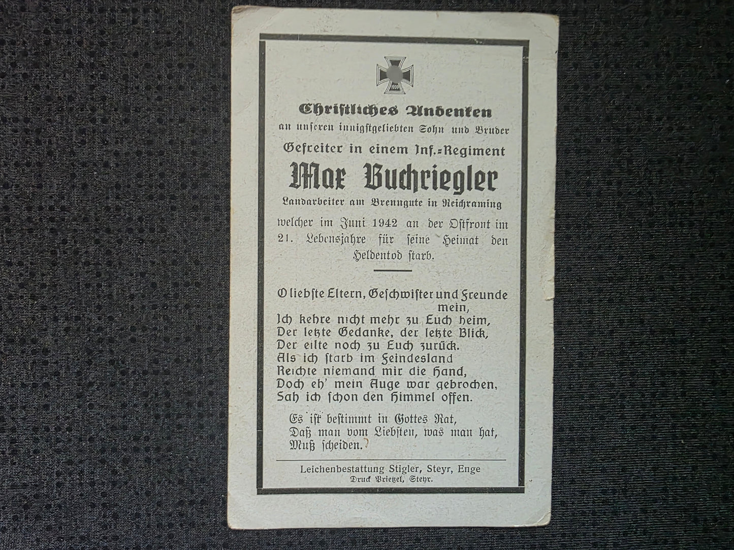 Sterbebild Gefreiter Weyer 1. Komp. Inf. Regt. 487 Fomino Nord Russland