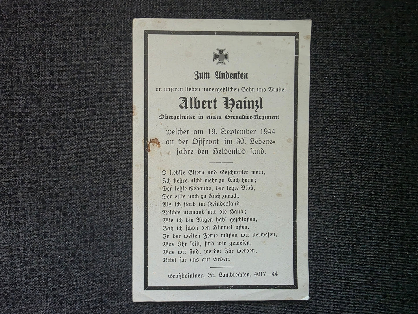 Sterbebild Obergefreiter Arnsdorf Grenadier Regt. Lubienica Polen