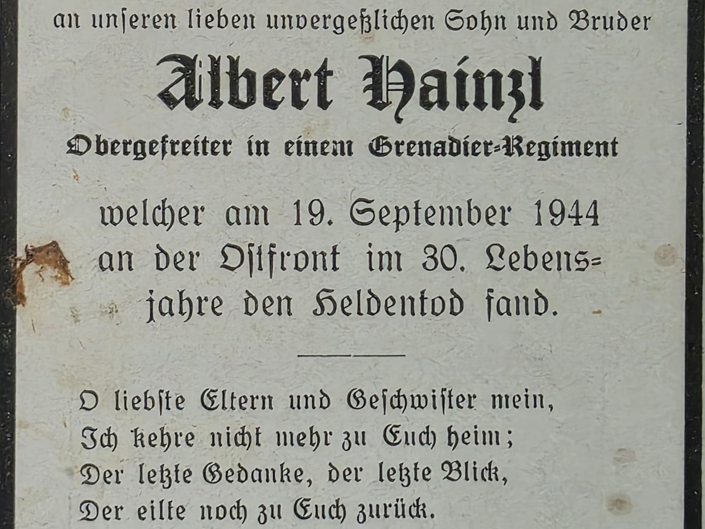 Sterbebild Obergefreiter Arnsdorf Grenadier Regt. Lubienica Polen