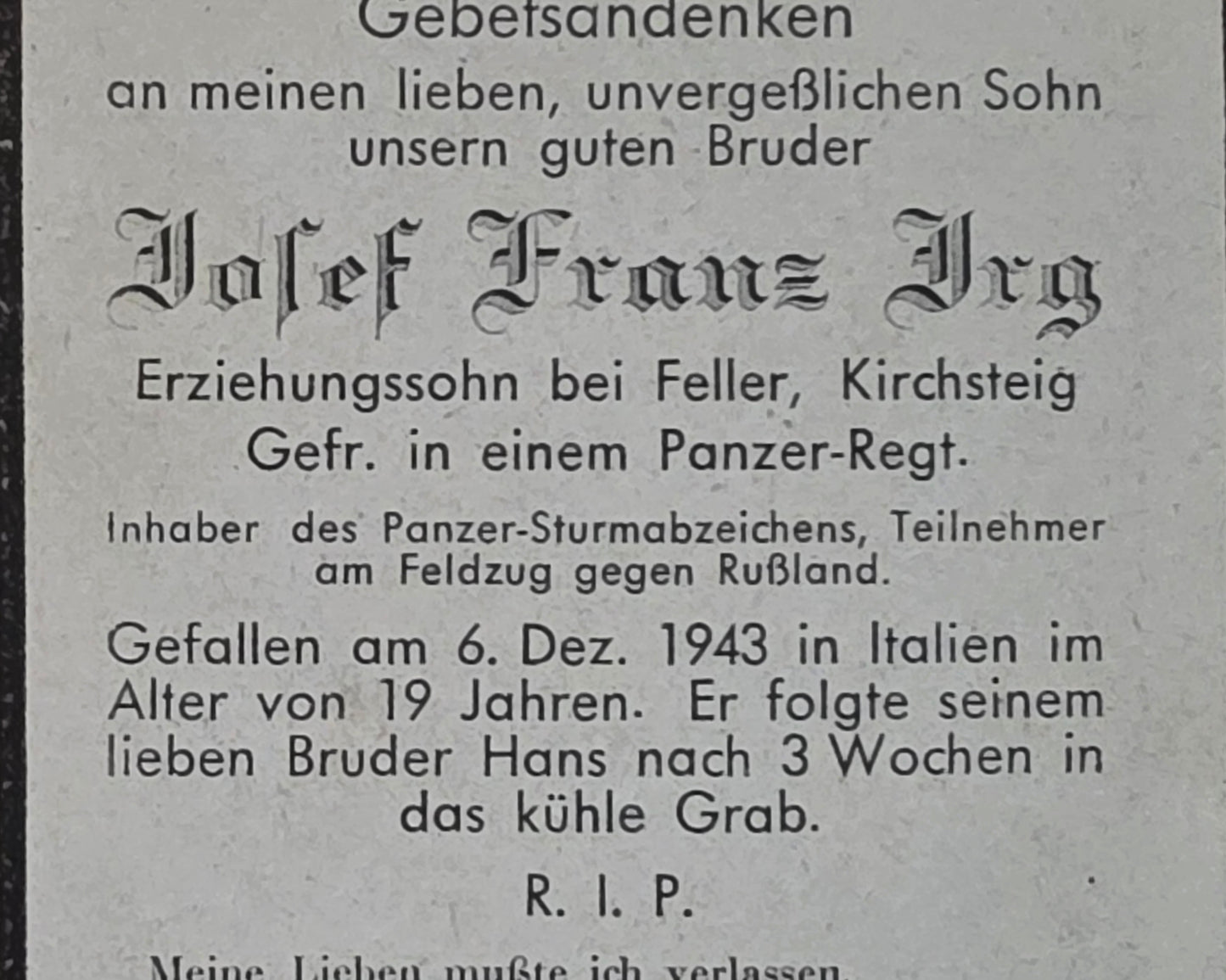 Sterbebild Gefreiter Miesbach 7. Komp. Panzer Regt. 26 PKA Villa Ruati Cassino Italien