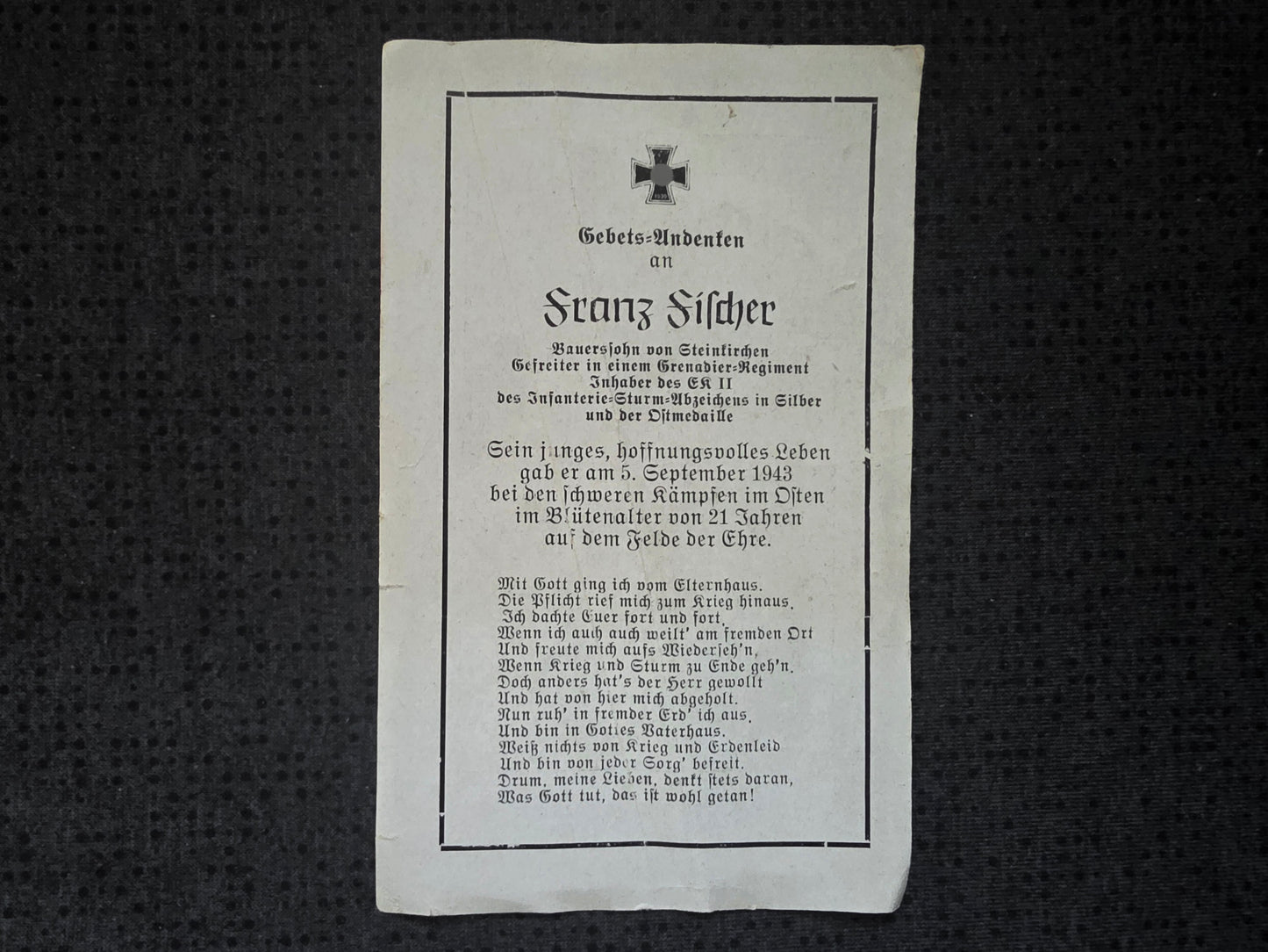 Sterbebild Gefreiter Steinkirchen 9. Komp. Gren. Regt. 248 Osten
