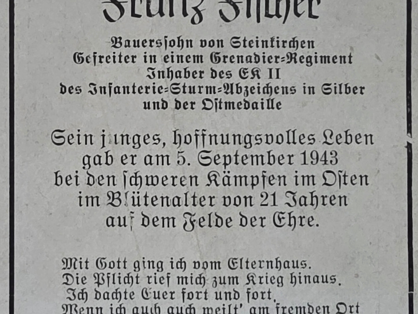 Sterbebild Gefreiter Steinkirchen 9. Komp. Gren. Regt. 248 Osten