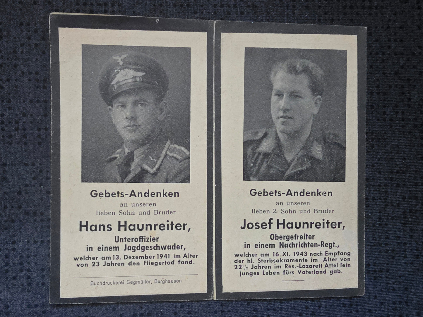 Sterbebild Brüder Simbach Unteroffizier 4. Staffel Jagd-Flieger-Schule 4 Krefeld Obergefreiter 6. LN-Nachrichten Regt. 8 Attl Österreich