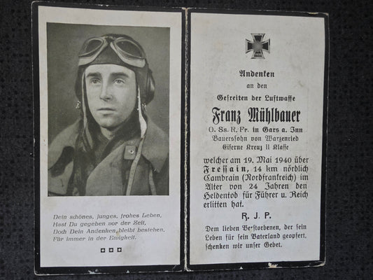 Sterbebild Gefreiter Warzenried 3./KG-54 „Totenkopf“ Fressain Frankreich