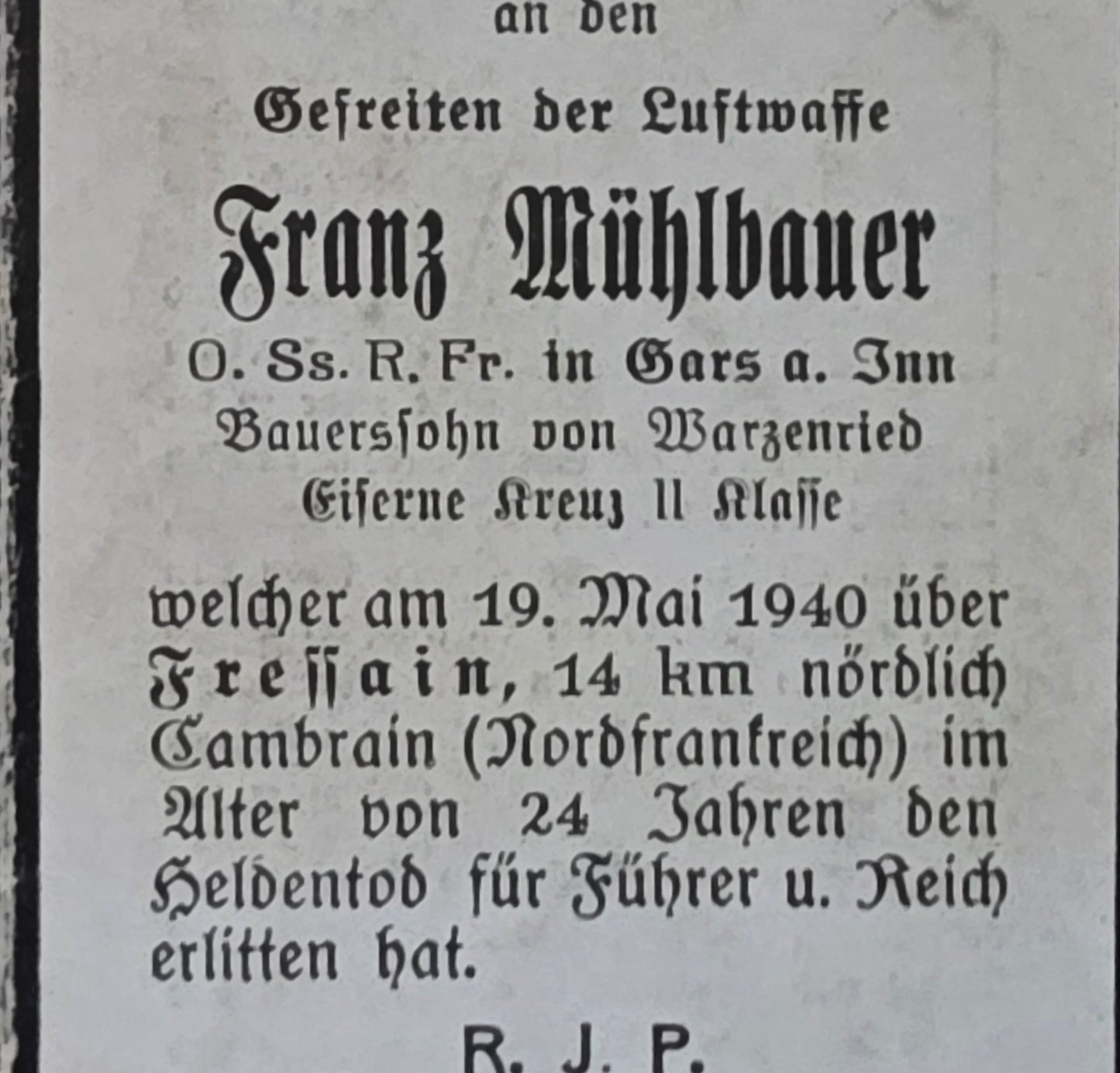 Sterbebild Gefreiter Warzenried 3./KG-54 „Totenkopf“ Fressain Frankreich
