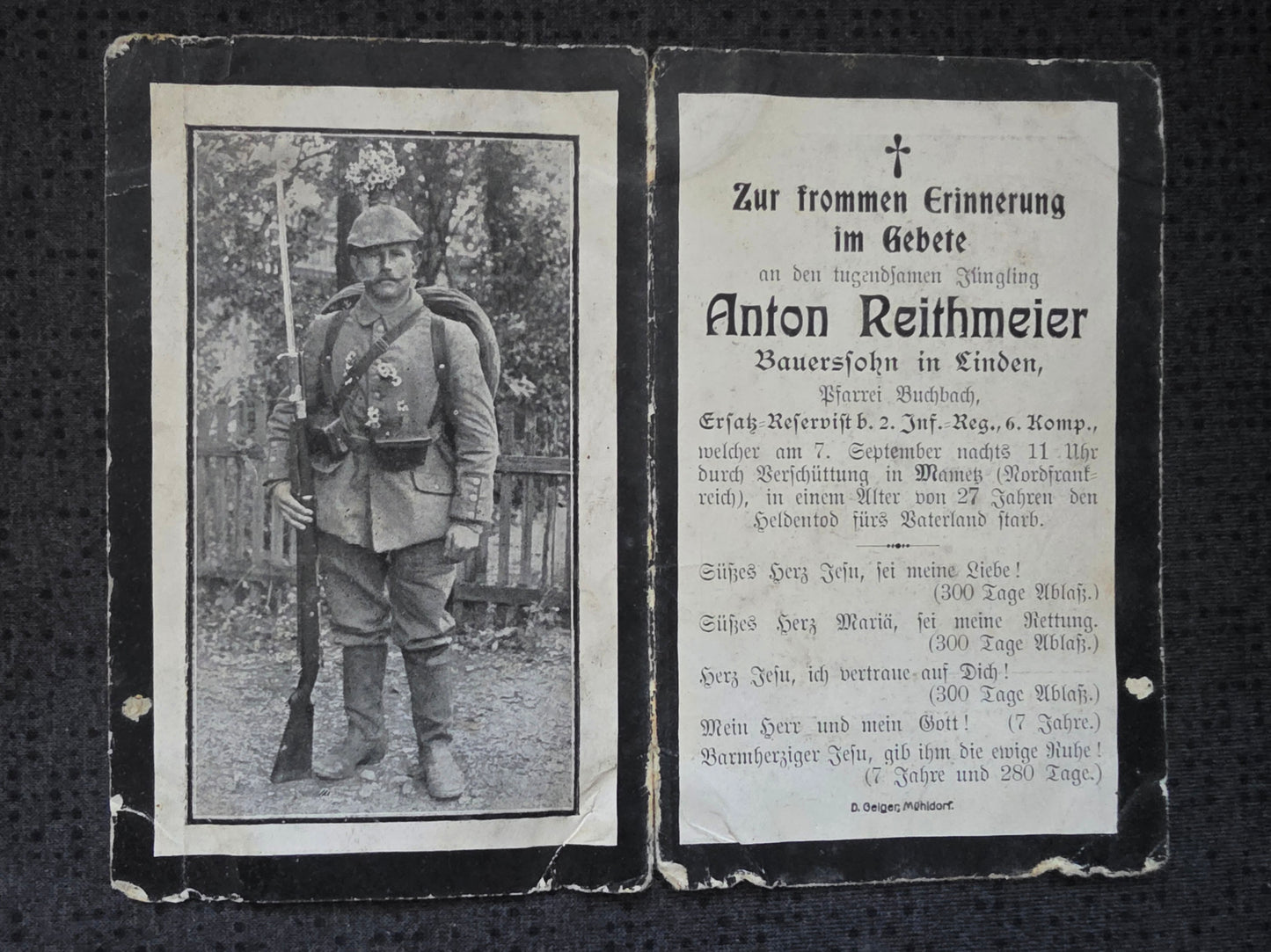 Sterbebild Infanterist Buchbach 6. Komp. Inf. Regt. 2 Mametz Frankreich