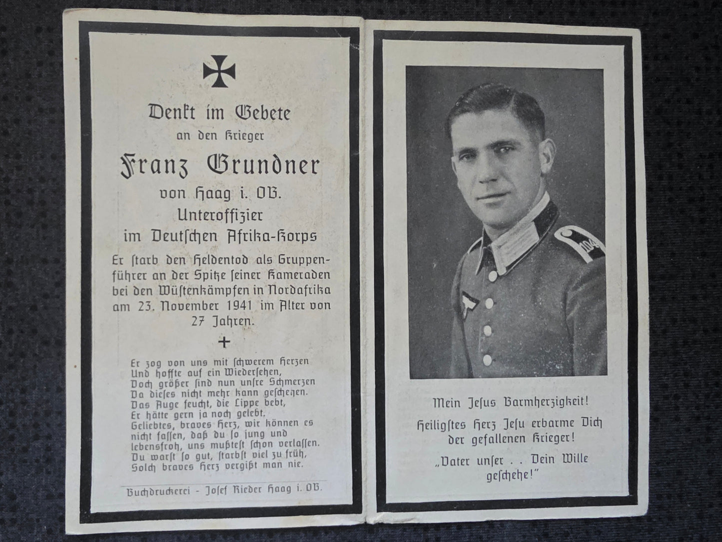 Sterbebild Unteroffizier Haag 2. Komp. Schützen-Regt. 115 DAK El Adem Höhe 175 Tobruk Libyen