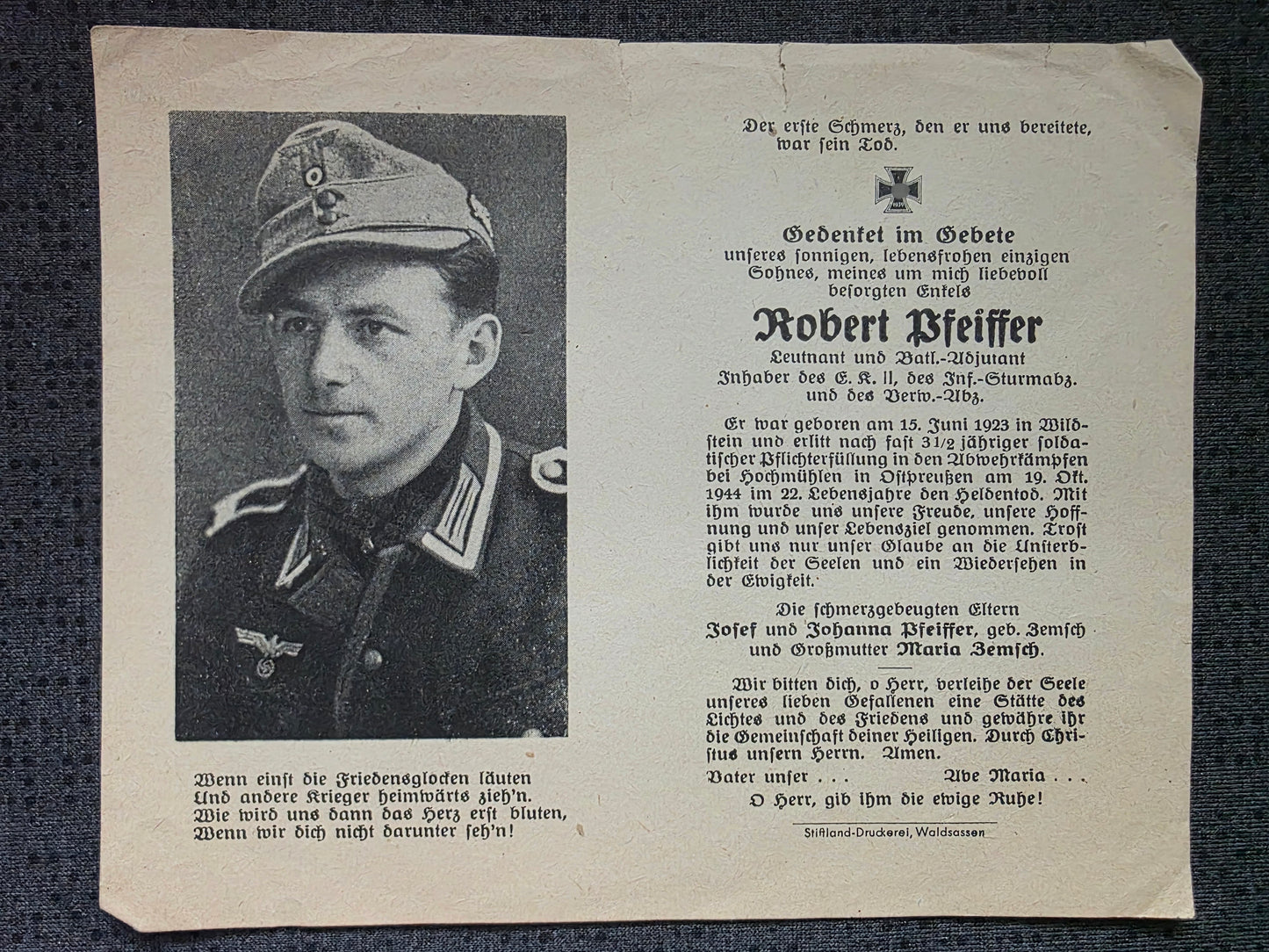 Sterbebild Leutnant & Btl.-Adjutant Wildstein Hochmühlen Ostpreußen