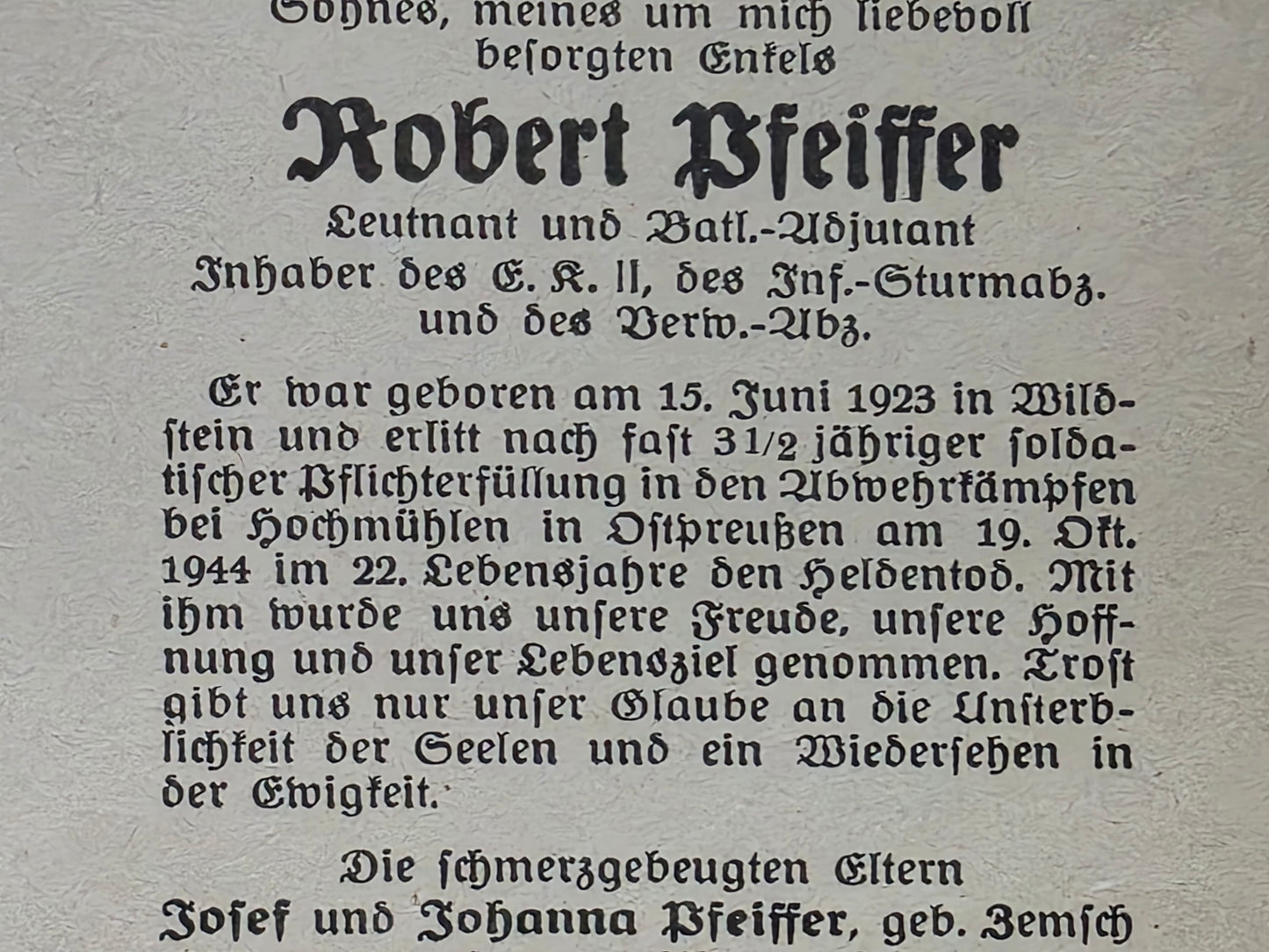 Sterbebild Leutnant & Btl.-Adjutant Wildstein Hochmühlen Ostpreußen