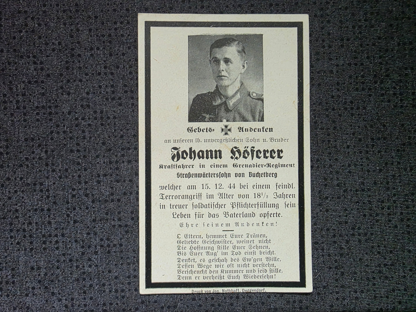 Sterbebild Schütze Buchenberg 8. Gren. Regt. 977 Terrorangriff Seelhorst Deutschland