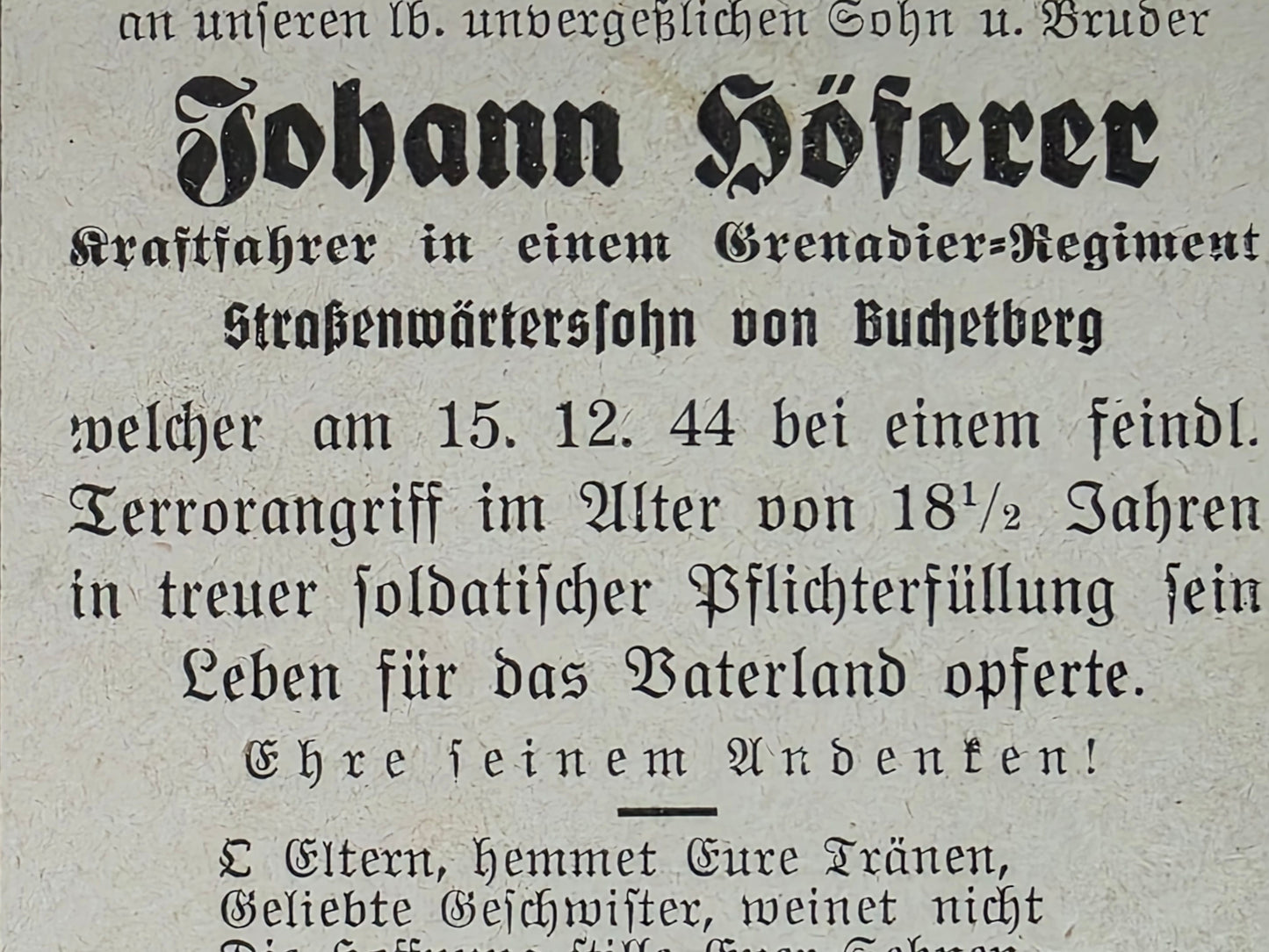 Sterbebild Schütze Buchenberg 8. Gren. Regt. 977 Terrorangriff Seelhorst Deutschland