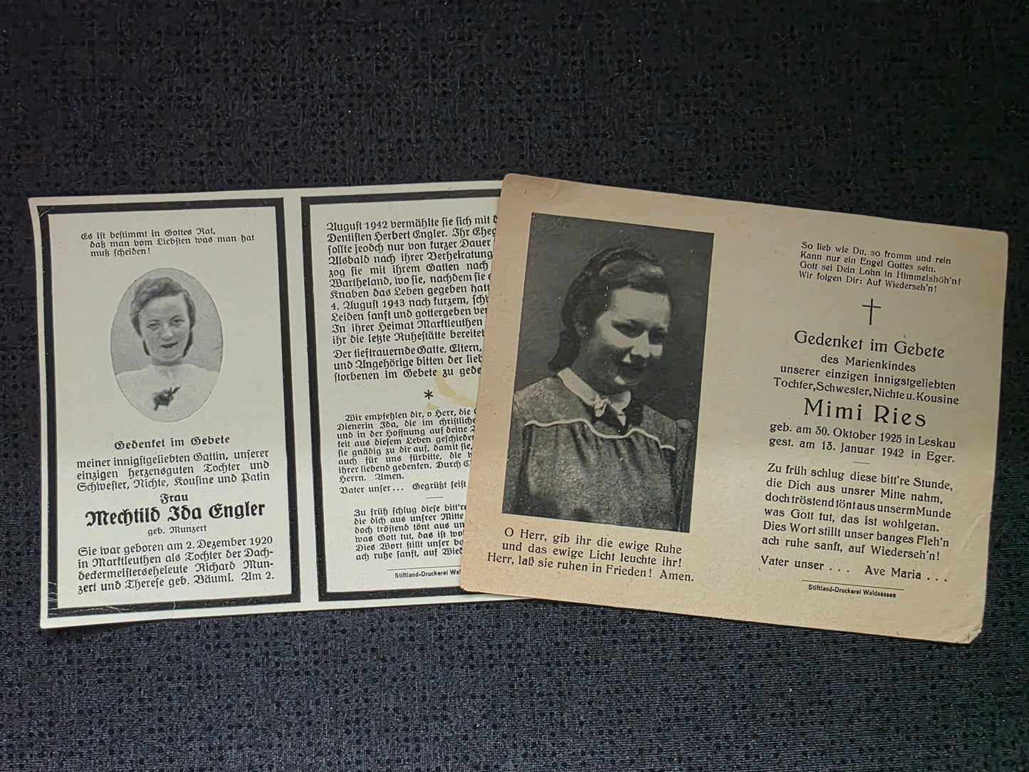 Sterbebild 2 x Zivile Mädchen Frau Marktleuthen Leskau Gestorben im WWII