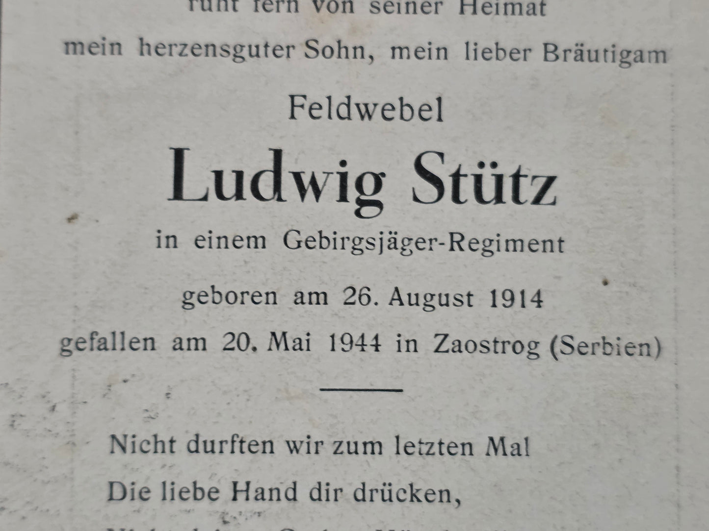 Sterbebild Feldwebel Neustadt an der Haardt Gebirgsjäger Regt. Prosik-Zavstrog Mostar Bosnien Serbien