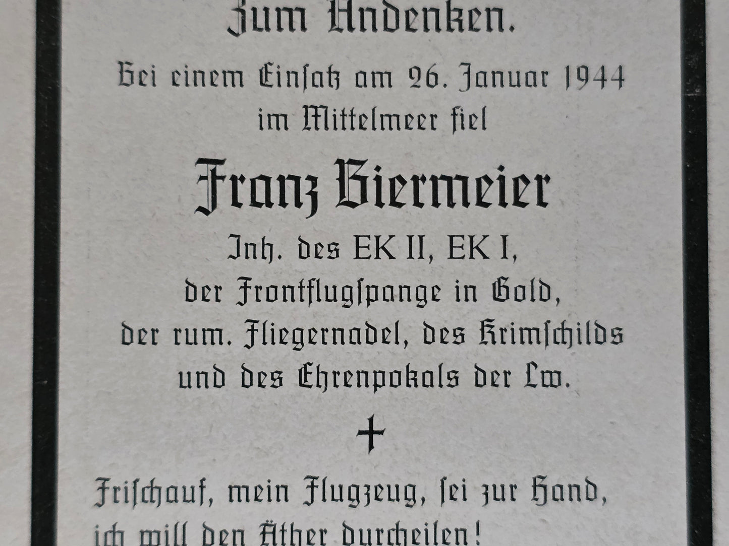 Sterbebild Oberfeldwebel Krainburg Pilot 6./KG-40 Ehrenpokal FFS Gold Fliegernadel Mauguio Frankreich