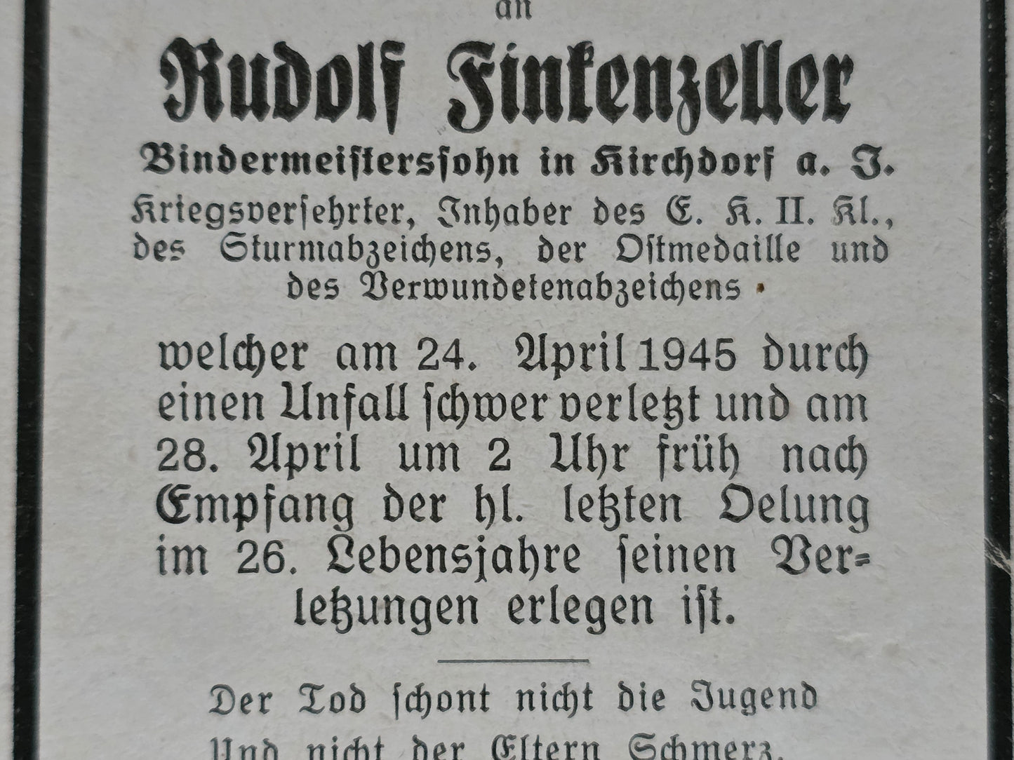 Sterbebild Gefreiter Kirchdorf EK II Sturmabzeichen Endkampf