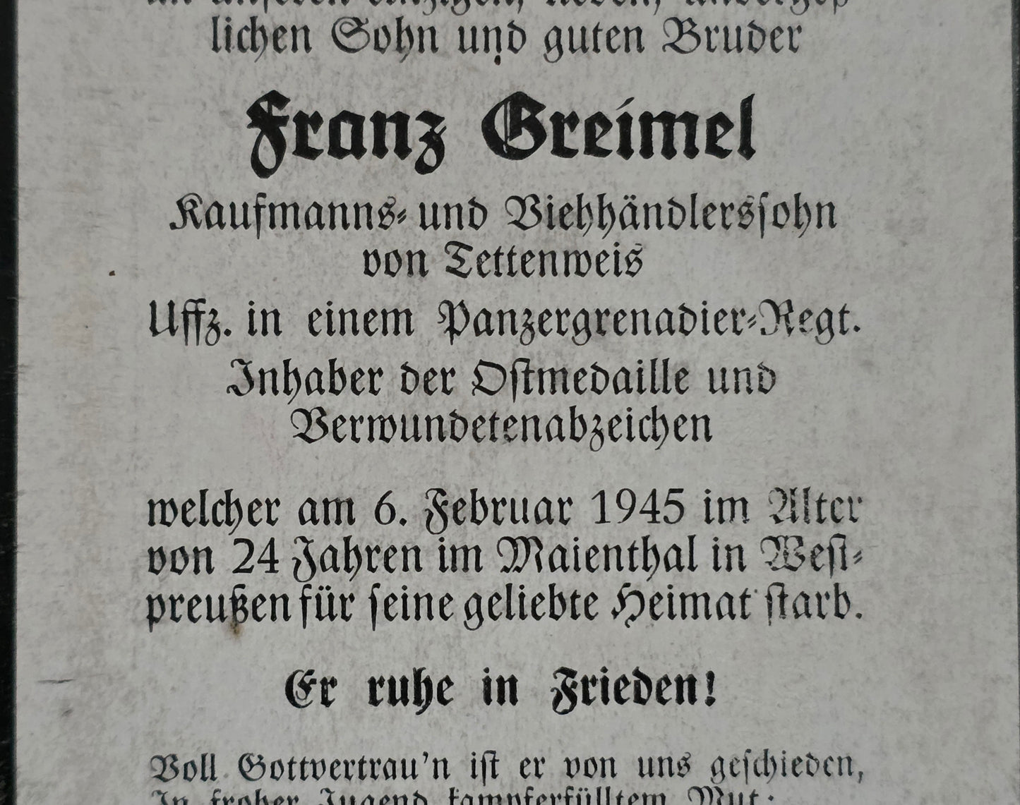 Sterbebild Unteroffizier Todtenweis Panzer-Grenadier Regt. Marienthal Westpreußen Polen