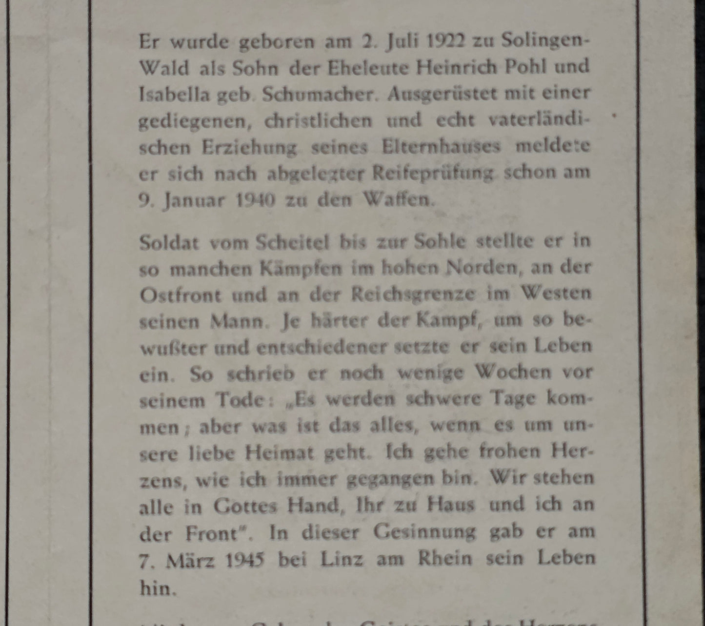 Sterbebild Oberfähnrich Solingen Fallschirmjäger Kampf um den Rhein Linz Lommel Belgien