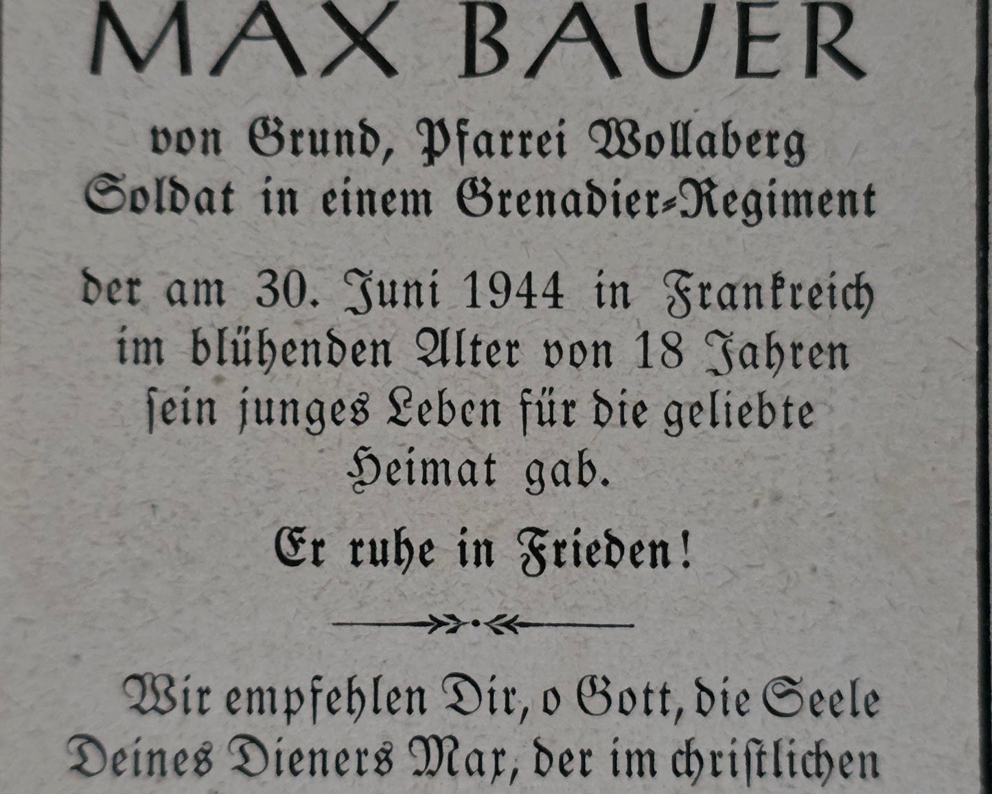 Sterbebild Schütze Wollaberg Grenadier Regt. 18 Jahre Normandie Frankreich - www.mmilitaria.com
