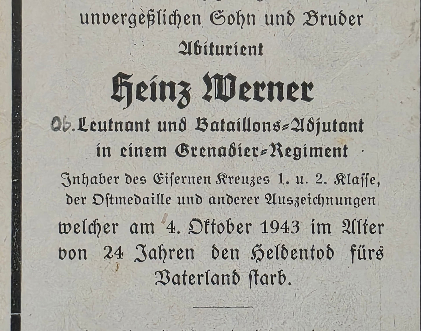 Sterbebild Oberleutnant Beuthen Btl.-Adjutant Grenadier Regt. Kolonka Ukraine