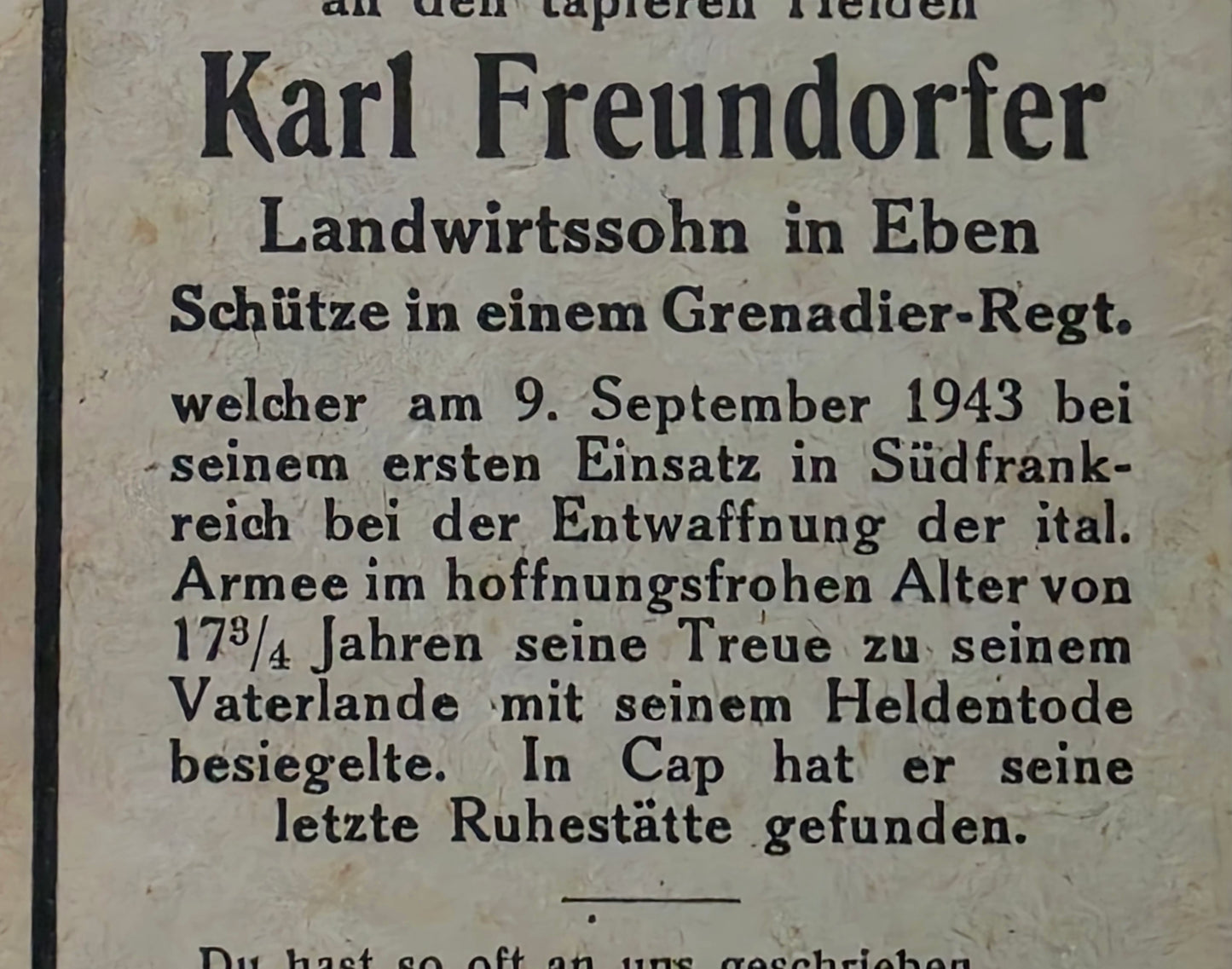 Sterbebild Schütze Eben 2.Res. Gren. Btl. 62 Entwaffnung Italienische Armee Gap Frankreich