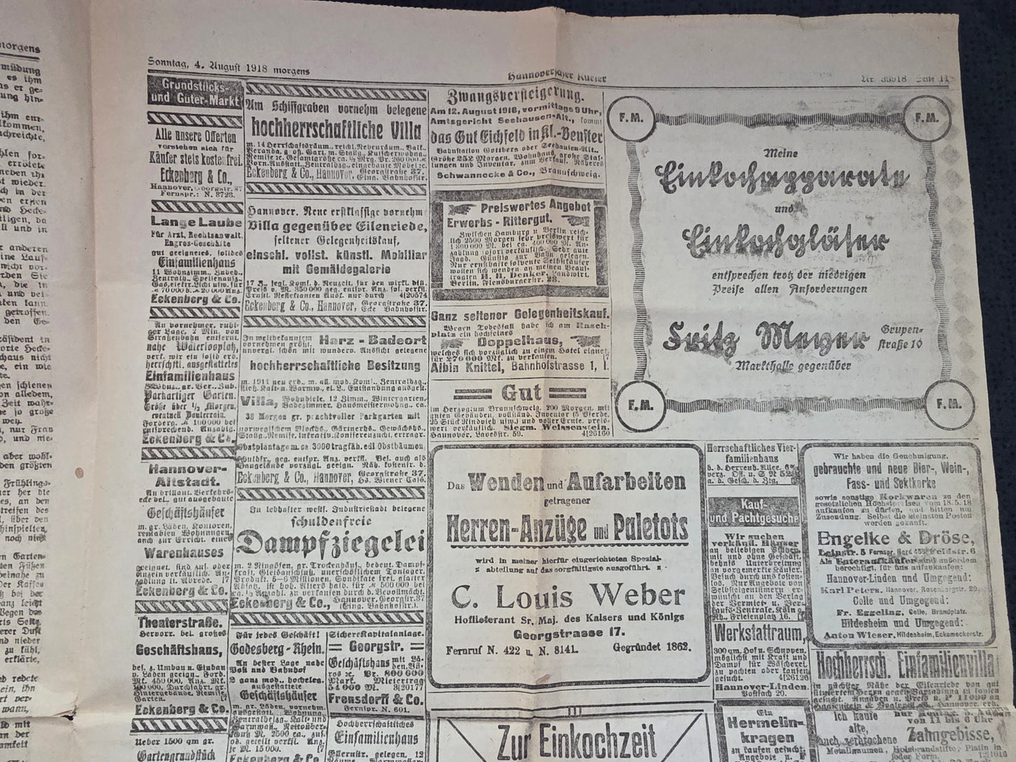 WKI Zeitung "Hannoversche Kurier" von August 1918 Todesanzeigen - www.mmilitaria.com
