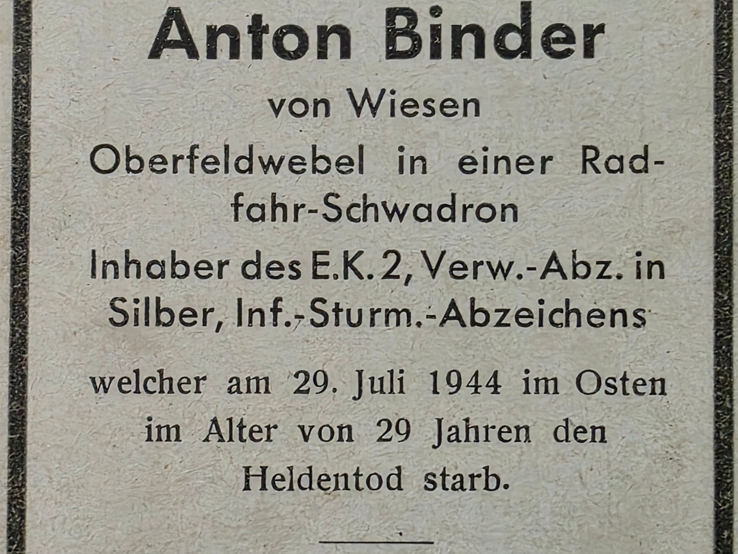 Sterbebild Oberfeldwebel Wiesen Radfahr-Schwadron Osten - www.mmilitaria.com